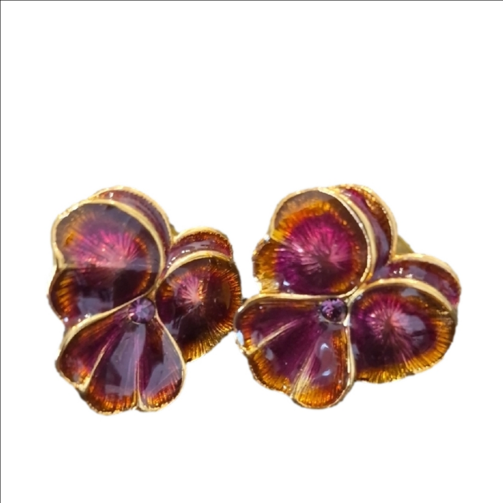 Vintage Joan Rivers Pansy Purple Enamel Earrings